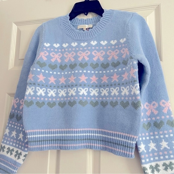 LoveShackFancy Zaheer Pullover Sweater Size M Knit Crew Neck Preppy Blue Skies - Picture 3 of 14